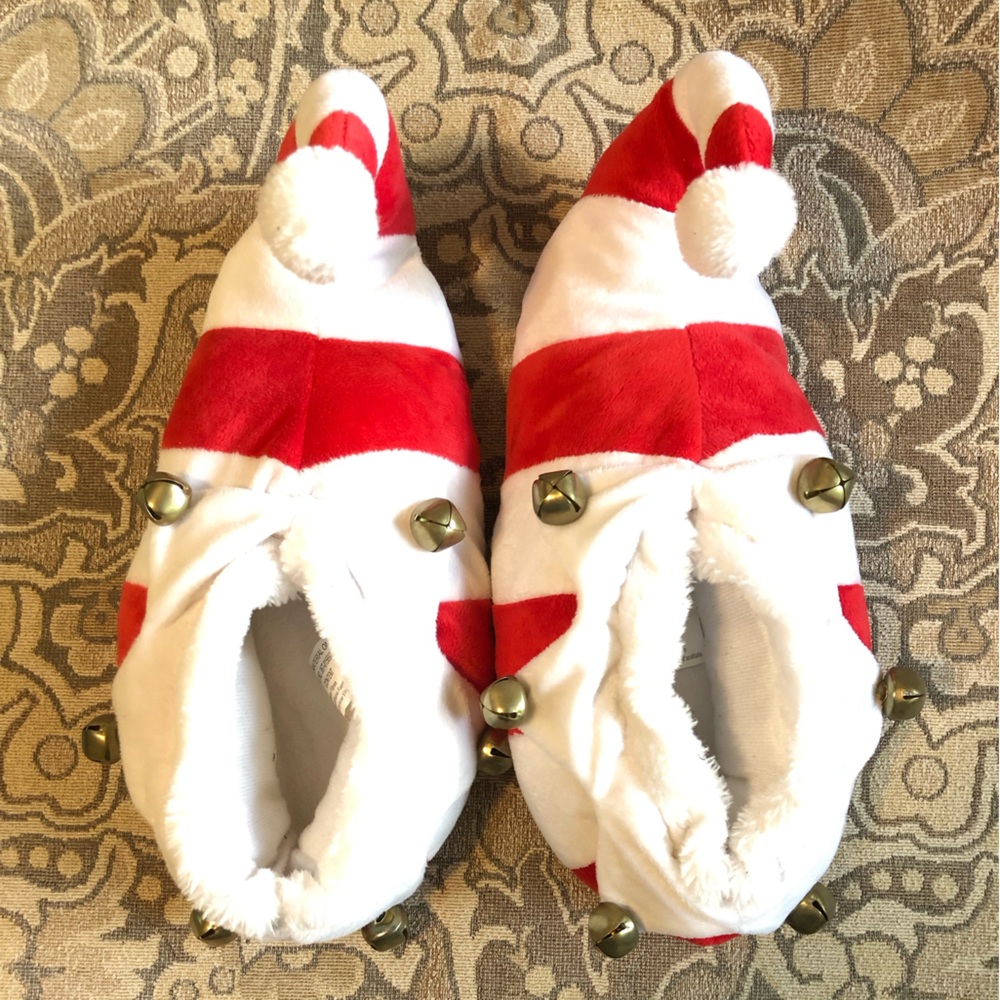 Jingle Bell Christmas Elf Slippers in Red / White Stripes - 6 Bells each Slipper